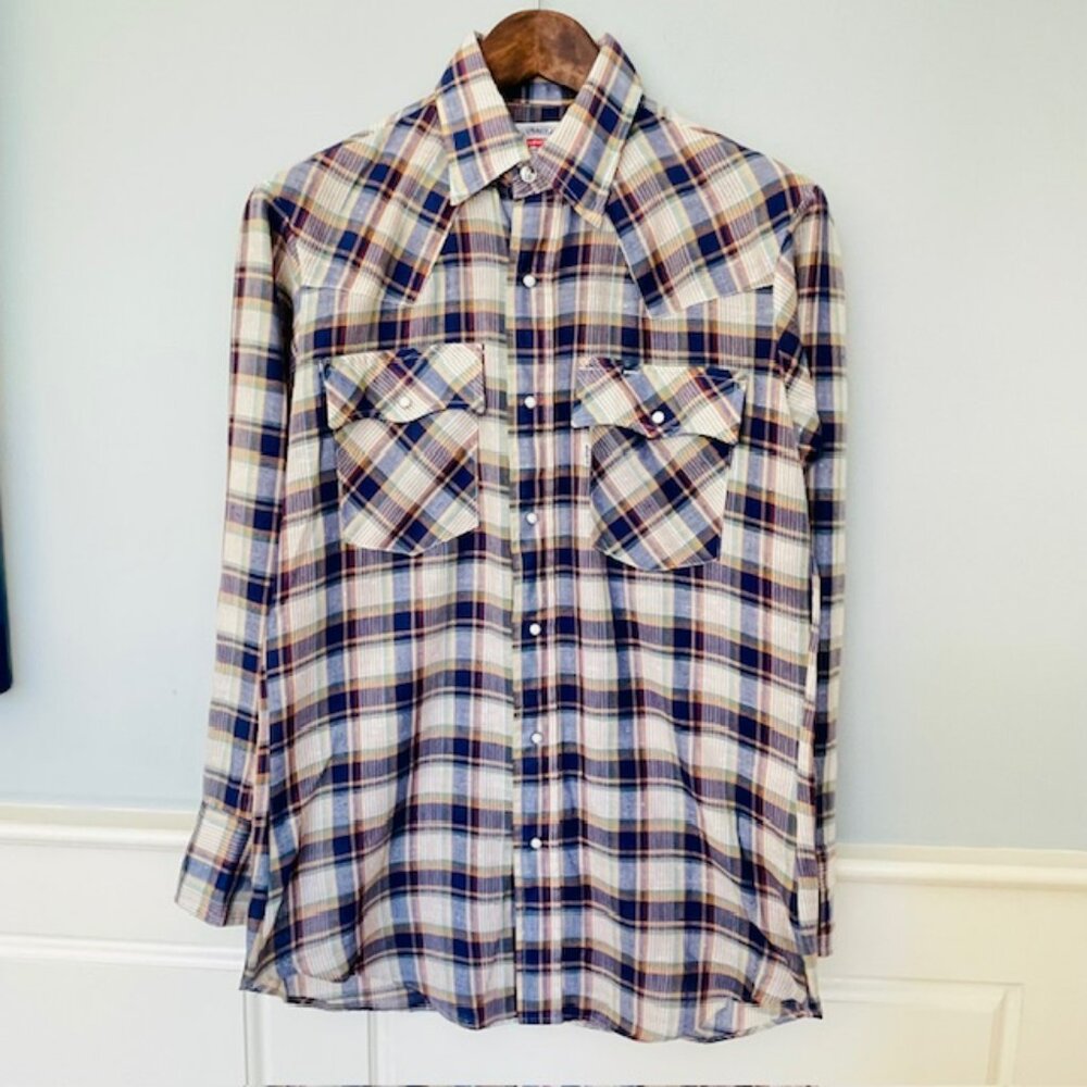 Levi's Vintage 70's White Tab Western Workwear Pearl Snap Plaid Shirt Medium - Picture 3 of 9